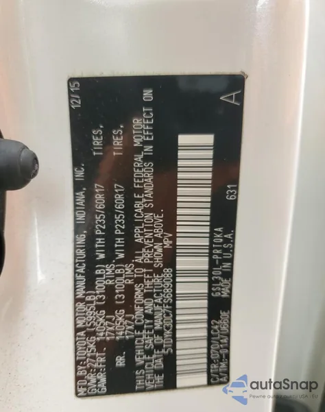 2015 Toyota Sienna Xle z USA, uszkodzony, nr VIN 5TDYK3DC7FS689088